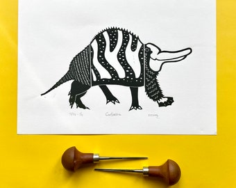 Whimsical Linocut Print of Unique Animal Composition, Three Parts, Four Animals