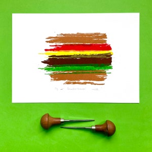 Colourful Paint Stripes Linocut Print: Whimsical Hamburger Art for Your Kitchen Decor