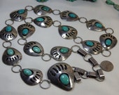 Large 38 quot Long 210gm NAVAJO handmade Natural FOX mine Turquoise STERLING Silver Bear Paw Totem Concho Belt.