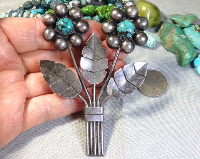 Fred Harvey Era NATIVE American Mexico TURQUOISE Solid SILVER 4" Flowers Bouquet Working Pin