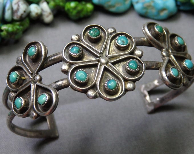 1940+ ZUNI Arizona Turquoise Sterling Silver BUTTERFLY FLOWER Cluster 24g Cuff Bracelet 5.75"-6.5" Sizes
