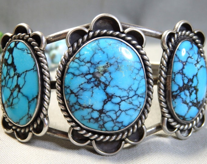 Rare NAVAJO Della & Francis James Natural MORENCI Turquoise Sterling Silver Cuff Bracelet 6.5"-7.5"sz Signed
