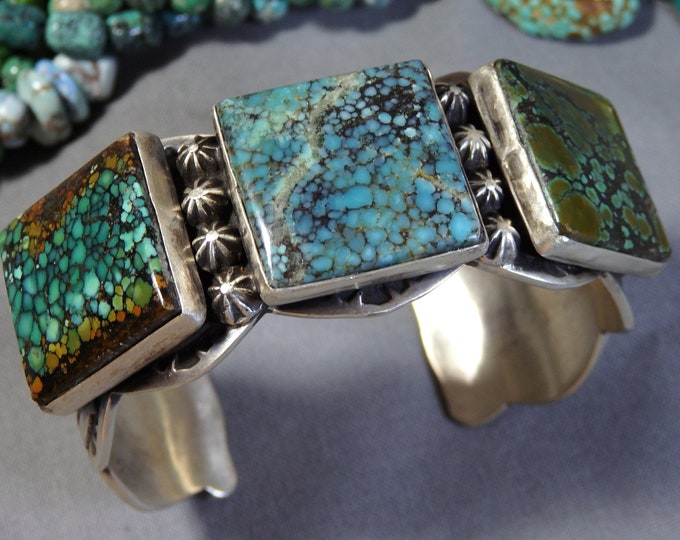 Superior NAVAJO Rick Enriquez SKY HORSE Spiderweb Turquoise Stamped Sterling Silver 89gm Cuff signed