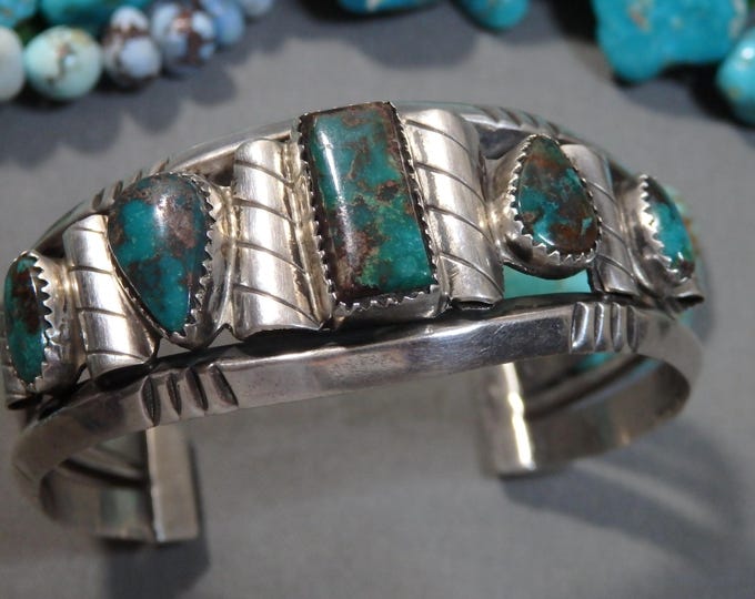 NAVAJO Natural BISBEE TURQUOISE Sterling Silver 46g Cuff Bracelet 6.25"-7.25"sz