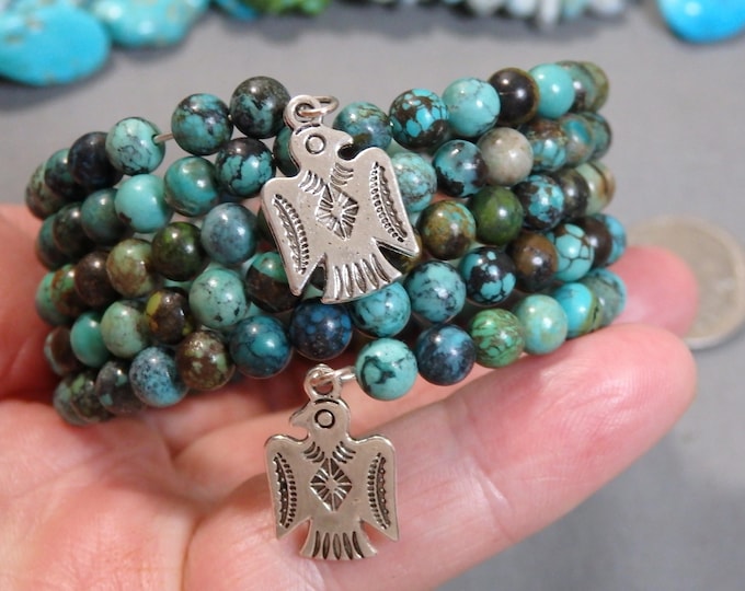 Natural SKY HORSE TURQUOISE Silver Plated 32" Memory Wire Adjustable ThunderBird Bracelet