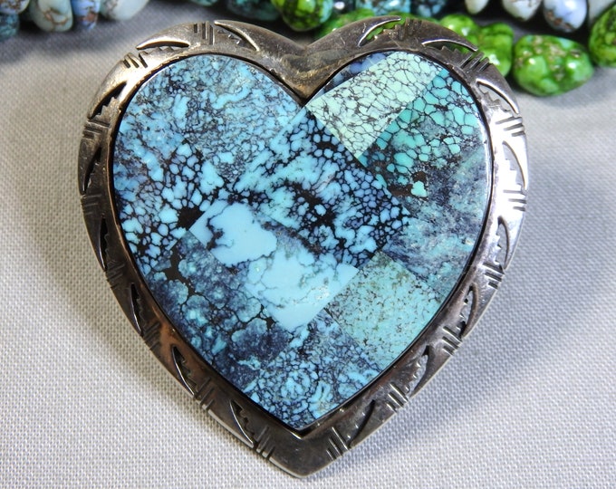 Superio NAVAJO Benjamin Piaso Jr. Cloud Mountain TURQUOISE Sterling Silver HEART Pin & Pendant