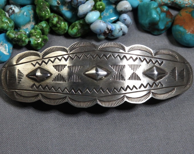 NAVAJO Repousse Stamped Sterling Silver 3&3/8"Long BARRETE Nickel Clip