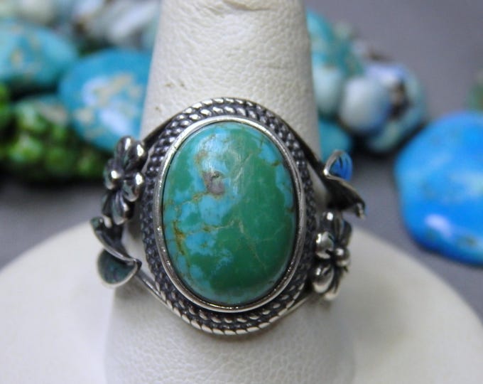 Natural SONORAN TURQUOISE Sterling Silver Squash Blossom RING Adjustable sizes 5-10