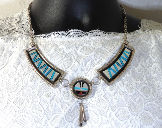 ZUNI Sleeping Beauty TURQUOISE Mother of Pearl Sterling Silver 20" SUNFACE Necklace