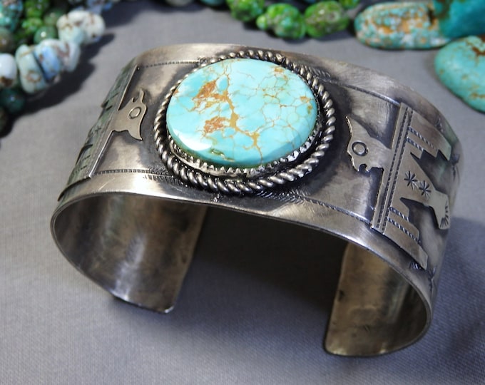 NAVAJO Garrison Boyde #8 TURQUOISE Sterling Silver THUNDERBIRD Whirling Logs Cuff Bracelet signed