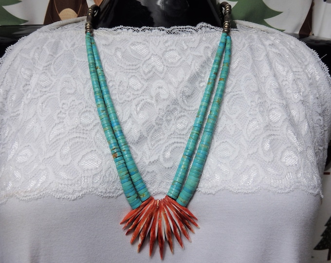 Rare Old KEWA Pueblo Doris Coriz SLEEPING BEAUTY Turquoise Spiny Oyster Sterling Silver 24"-29" Necklace