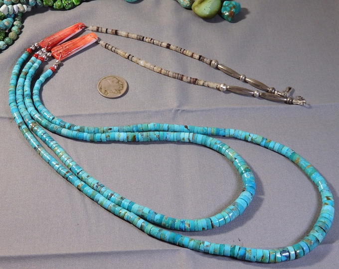 SANTO DOMINGO Natural Kingman TURQUOISE Spiny Oyster Sterling Silver 36" Necklace