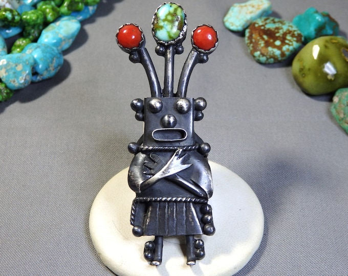 Big 3" NAVAJO KACHINA Sonoran Gold TURQUOISE Coral Sterling Silver Ring sz9 Signed