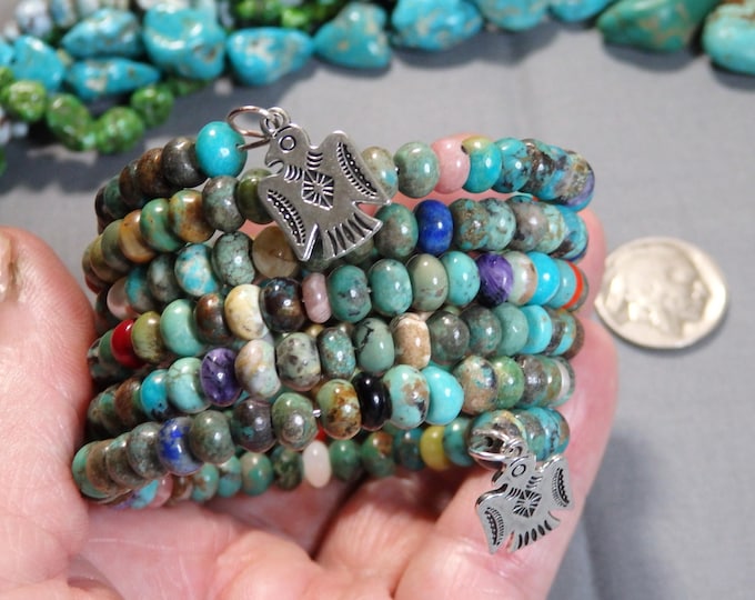 45" INDIAN CORN Bead Bracelet Nevada TURQUOISE Lapis Coral Shell ++ Memory Wire Bracelet Adjustable