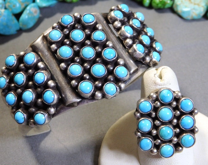 Superior ZUNI Sleeping Beauty TURQUOISE STERLING Silver Snake Eyes/Many Moons Cuff & Ring sz7 by Haloo