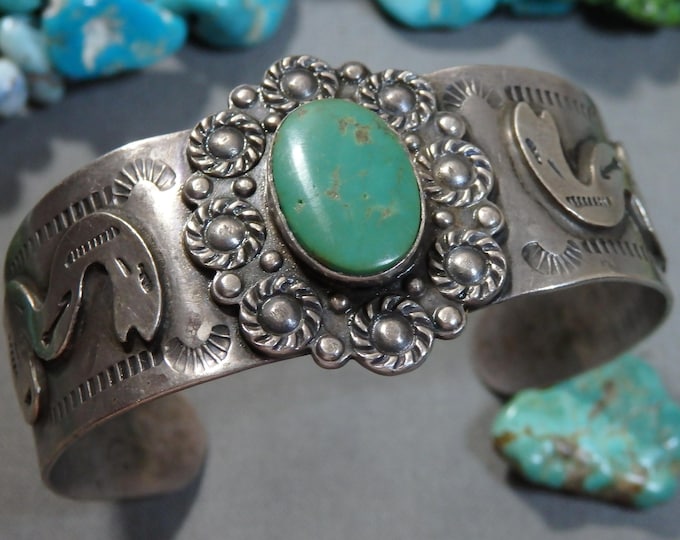 Fred Harvey Era NATIVE AMERICAN Natural Turquoise Sterling Silver SNAKE 32g Cuff Bracelet 6"-6.75"sizes
