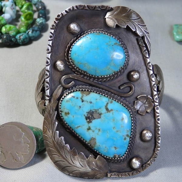 3.25" wide NAVAJO Allen McCabe MORENCI Pyrite TURQUOISE Sterling Silver Cuff Bracelet signed 5.75"-6.5" size