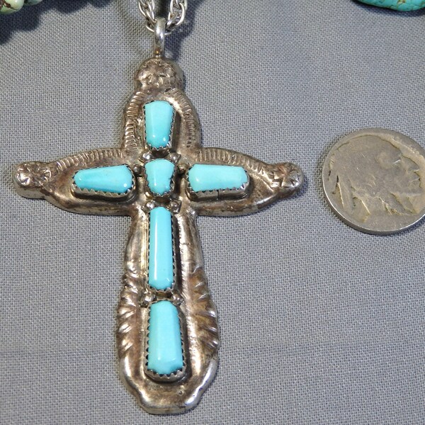 1960-78 ZUNI Horace Iule Sleeping Beauty TURQUOISE Sterling Silver CROSS Pendant 24" Chain SIgned