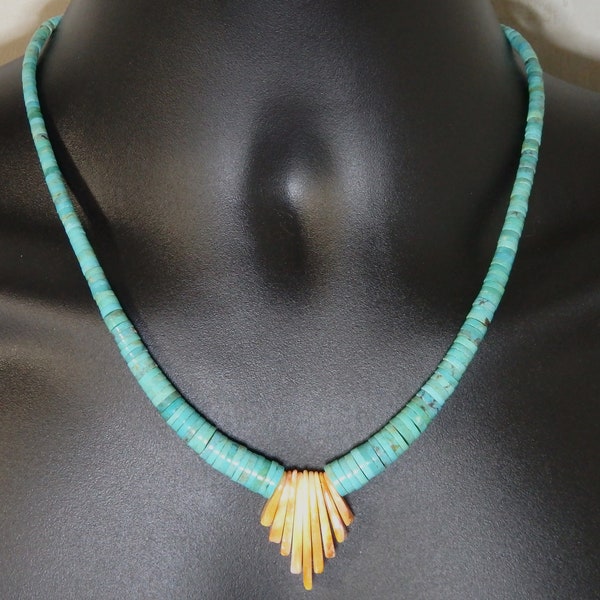 Kewa Pueblo KINGMAN TURQUOISE Spiny Oyster Sterling Silver 20" Jacla Necklace