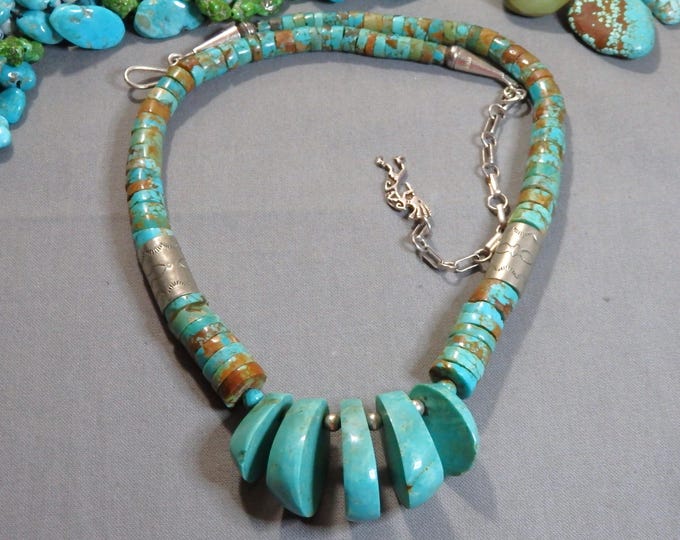 Old NAVAJO Rolled ROYSTON TURQUOISE Sterling Silver 19"-22" Jacla Necklace on Chain
