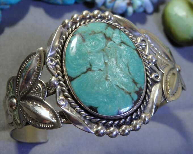 NAVAJO Bell Trading Post CROW SPRINGS Turquoise Sterling Silver Cuff Bracelet 6"-7.5"sizes
