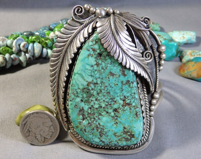 110g NAVAJO David Lister Natural Nevada TURQUOISE Sterling Silver Squash Blossom Cuff Bracelet signed 6.25"-7"size