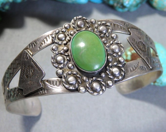 Fred Harvey Era NAVAJO Natural CERRILLOS TURQUOISE Sterling Silver Snake & Arrow Totem Cuff Bracelet 6"-7Z"size