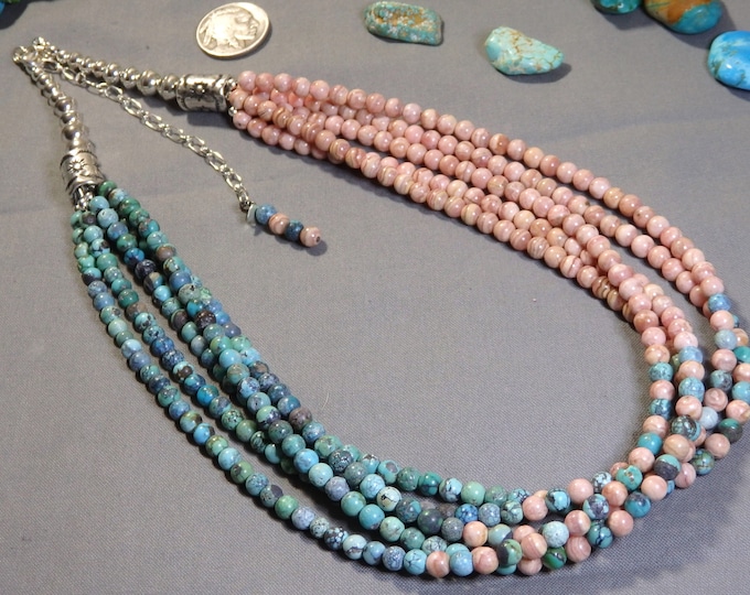 NAVAJO PEARLS Natural Sky Horse TURQUOISE Rhodochrosite Sterling Silver 21"-25" Necklace
