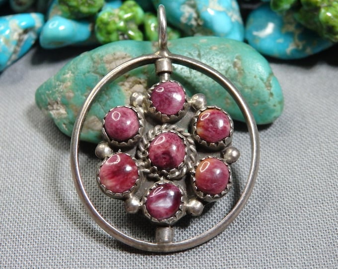 ZUNI Purple Spiny Oyster Sleeping Beauty TURQUOISE Sterling Silver Spinner PENDANT Reversible