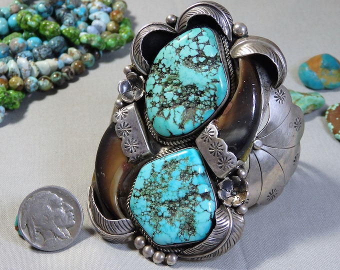 NAVAJO Roy Platero Arizona Rough TURQUOISE Sterling Silver WARRIOR 92g Cuff Bracelet signed 6"-6.5"sz