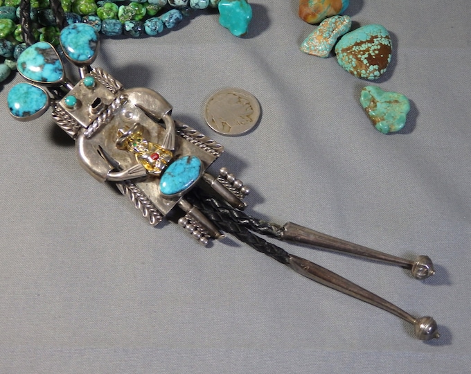 Vintage NAVAJO John Larson MORENCI Turquoise Sterling Silver 4" KACHINA Bolo 38" Leather