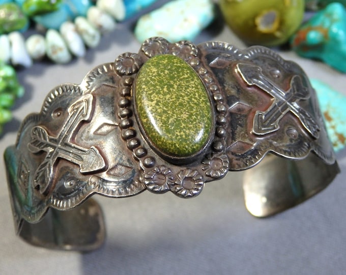 Fred Harvey Era NAVAJO Natural webbed CERRILLOS TURQUOISE Coin Silver FriendShip Cuff Bracelet 6.5"-7.25"sz