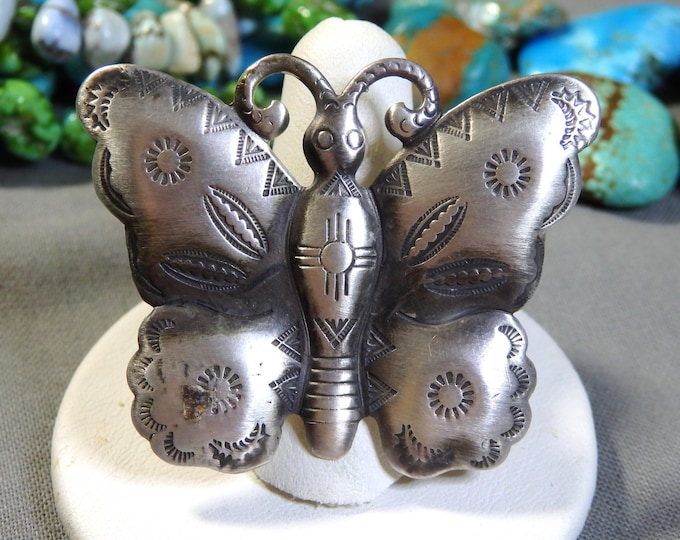 NATIVE AMERICAN Stamped Sterling Silver 1.9"wide BUTTERFLY Ring sz8