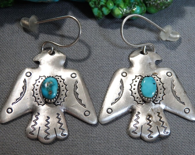 Fred Harvey Era NAVAJO Natural Blue Gem TURQUOISE Coin Silver THUNDERBIRD Earrings