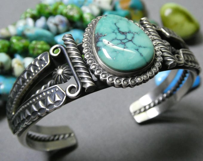 NAVAJO Derrick Gordon LONE Mountain TURQUOISE Sterling Silver 41g Cuff Bracelet signed 6.5"-7"sizes