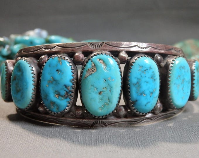NAVAJO James Fransisco SLEEPING BEAUTY Turquoise Sterling Silver 51g Cuff Bracelet signed 6.5"-7.5"sizes