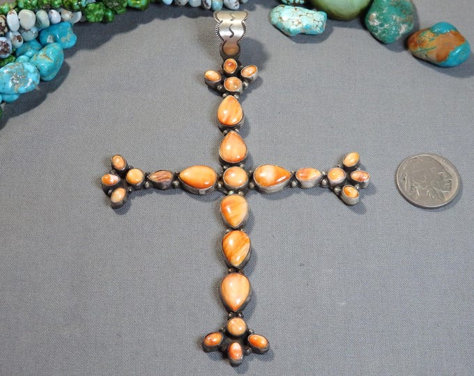 Giant 5.5" NAVAJO Jan Mariano SPINY OYSTER Sterling Silver Cross Pendant on 29" Necklace