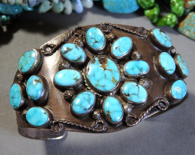 Rare 1940s NAVAJO Natural LONE MOUNTAIN Turquoise Coin Silver 72g Cuff Bracelet 6.5"-7.25"sz