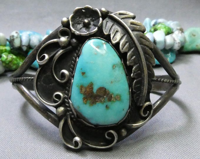 NAVAJO Natural KINGMAN TURQUOISE Sterling Silver Squash Blossom Cuff Bracelet signed 5.75"-6.75"sz