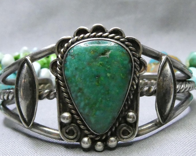 Fred Harvey Era NAVAJO Natural CARICO LAKE Turquoise Coin Silver Cuff Bracelet 6"-7"sizes