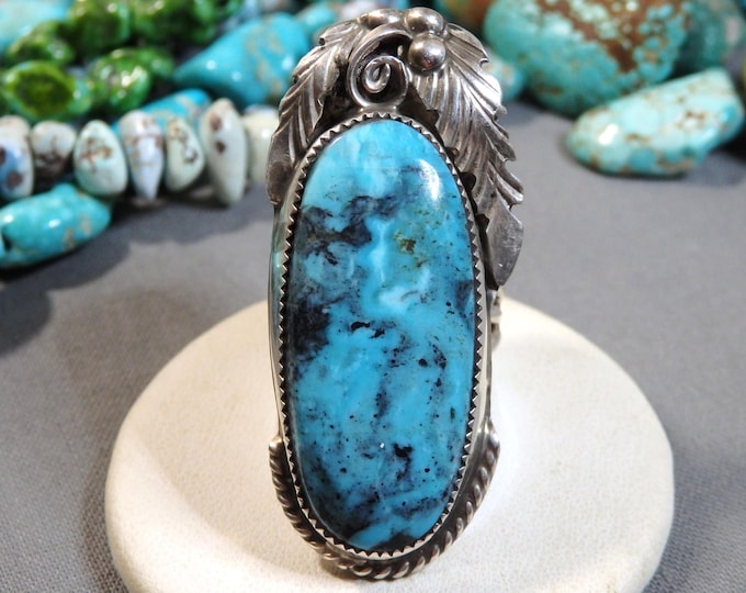 NAVAJO James Shay KINGMAN TURQUOISE Sterling Silver 2"wide Ring sz9 signed