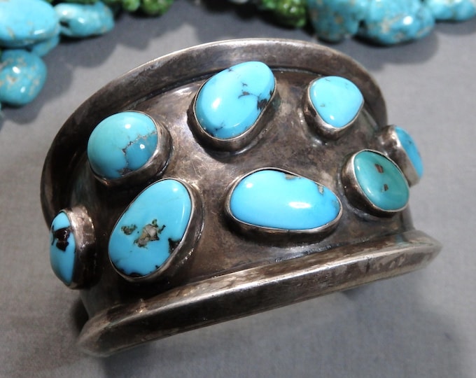 127g NATIVE AMERICAN Castle Dome TURQUOISE cluster Sterling Silver Cuff Bracelet 6.5"sz Signed