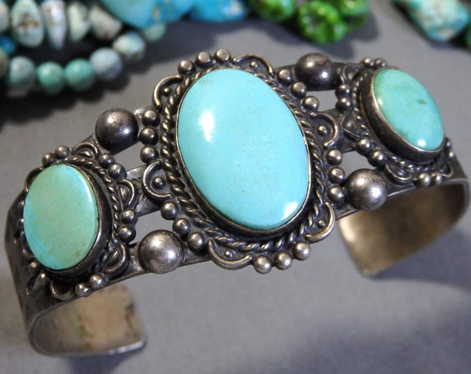 Fred Harvey Era NAVAJO Natural Sleeping Beauty Turquoise Sterling Silver CACTUS FLOWER Cuff Bracelet 6.25"-7"size