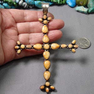 Ciondolo a croce gigante in argento sterling NAVAJO Jan Mariano SPINY OYSTER da 5,5" su collana da 29"