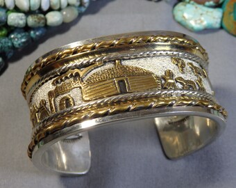 Nelson Native American Navajo Sterling Silver & Gold Storyteller Bracelet Nelson Native American Navajo Sterling Silver & Gold Storyteller Bracelet