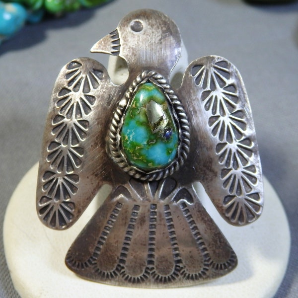 NAVAJO Natural SONORAN Gold TURQUOISE Sterling Silver 2" Peyote Bird Ring sz10