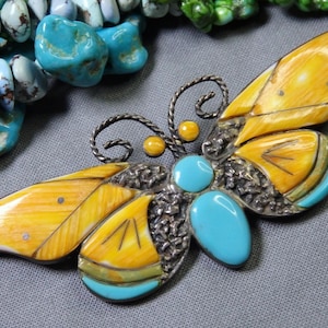 Native S.West TURQUOISE Spiny Oster Sterling Silver 3.5" BUTTERFLY Pendant & Pin