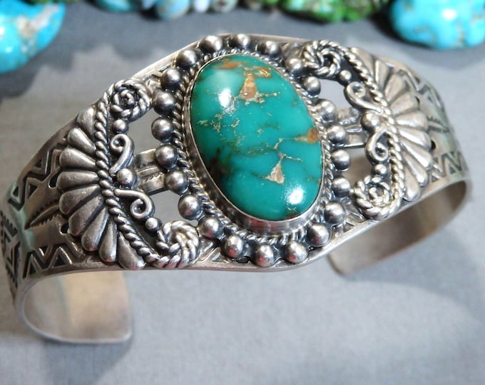 Fred Harvey Era NAVAJO Maisels Natural Nevada TURQUOISE Sterling Silver 45g Cuff Bracelet 6.25"-7.25"sizes