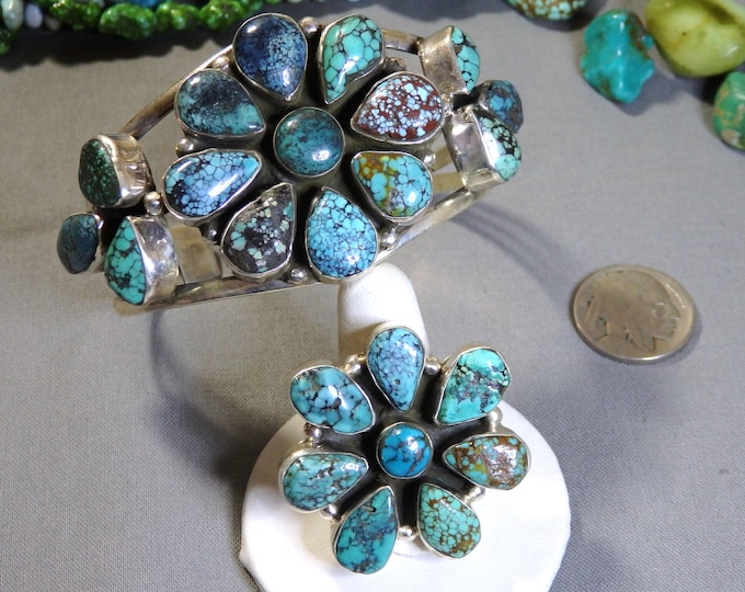 Superior Native American SKY HORSE TURQUOISE Clusters Sterling Silver Bracelet & Rings sz9 Set