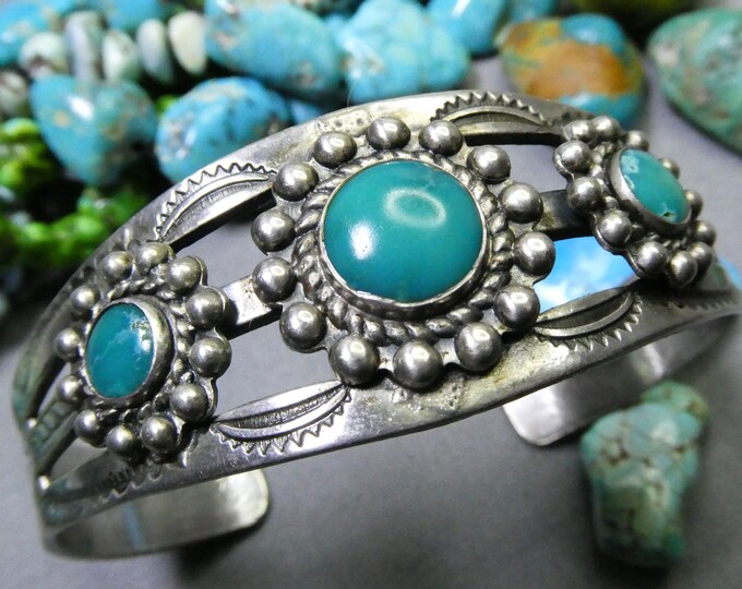 Fred Harvey  Era NAVAJO Natural Nevada TURQUOISE Coin Silver Many Moons CUFF Bracelet 6.25"-7.25"sizes